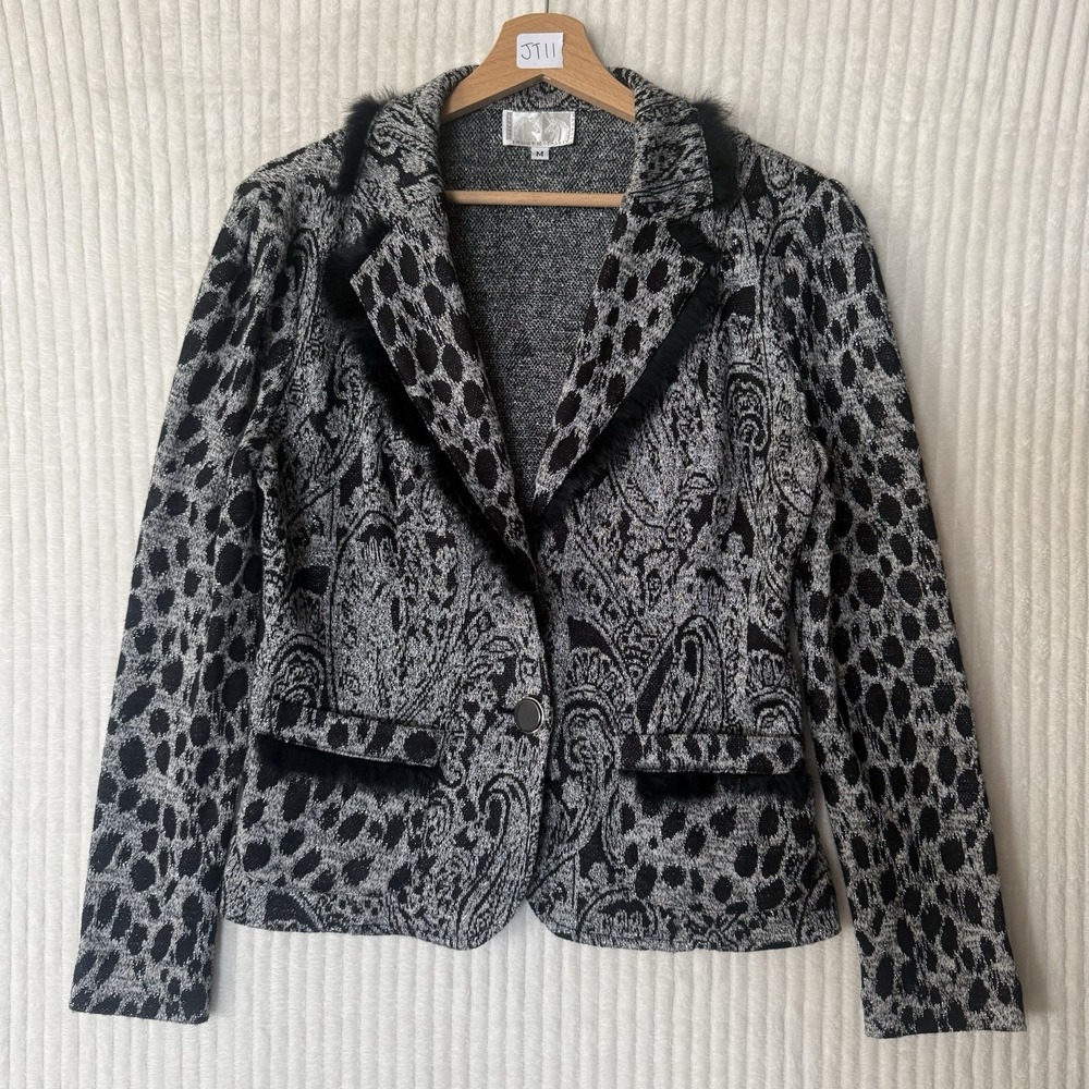 VTG Alberto Makali Rabbit Fur Trim Button Up Sweater Gray Silver Sz na Plz See